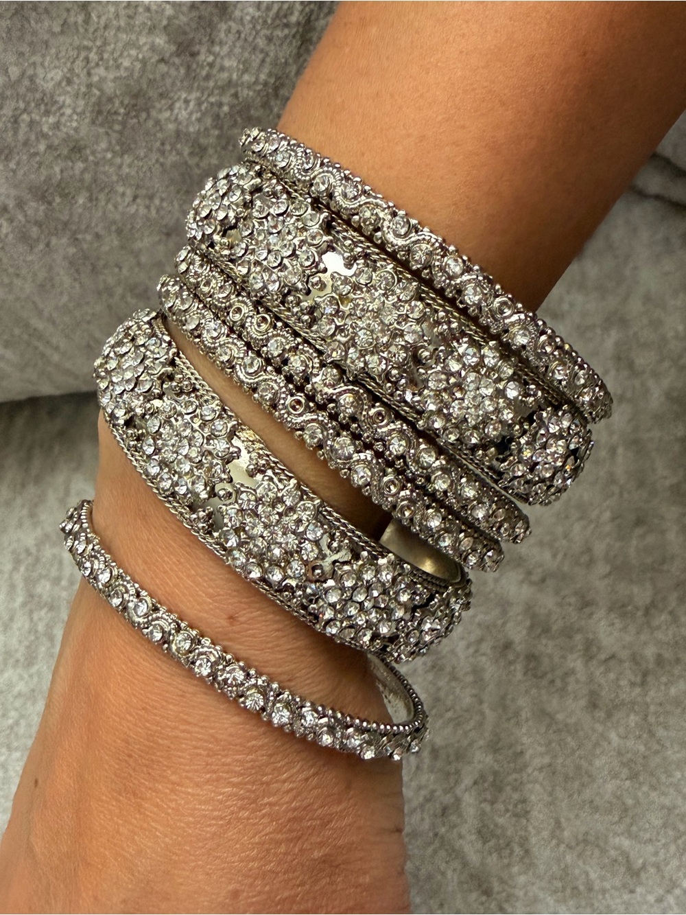 Crystal Pave Silver Bangle Bracelet Set - 6 Bangles Women Jewelry #631